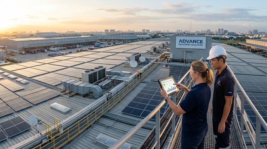 Instalación de placas solares en la cubierta de una empresa